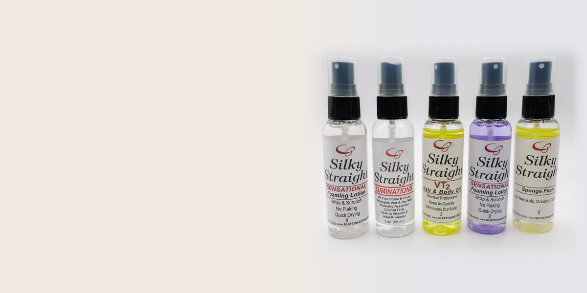 Silky Straight travel-size lineup: Sensational Foaming Lotion, Luminations, VT2 Hair & Body Oil and Sponge Foam